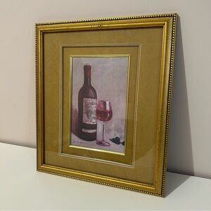 Framed Wine Bottle & Glass Wall Art - Gold Frame